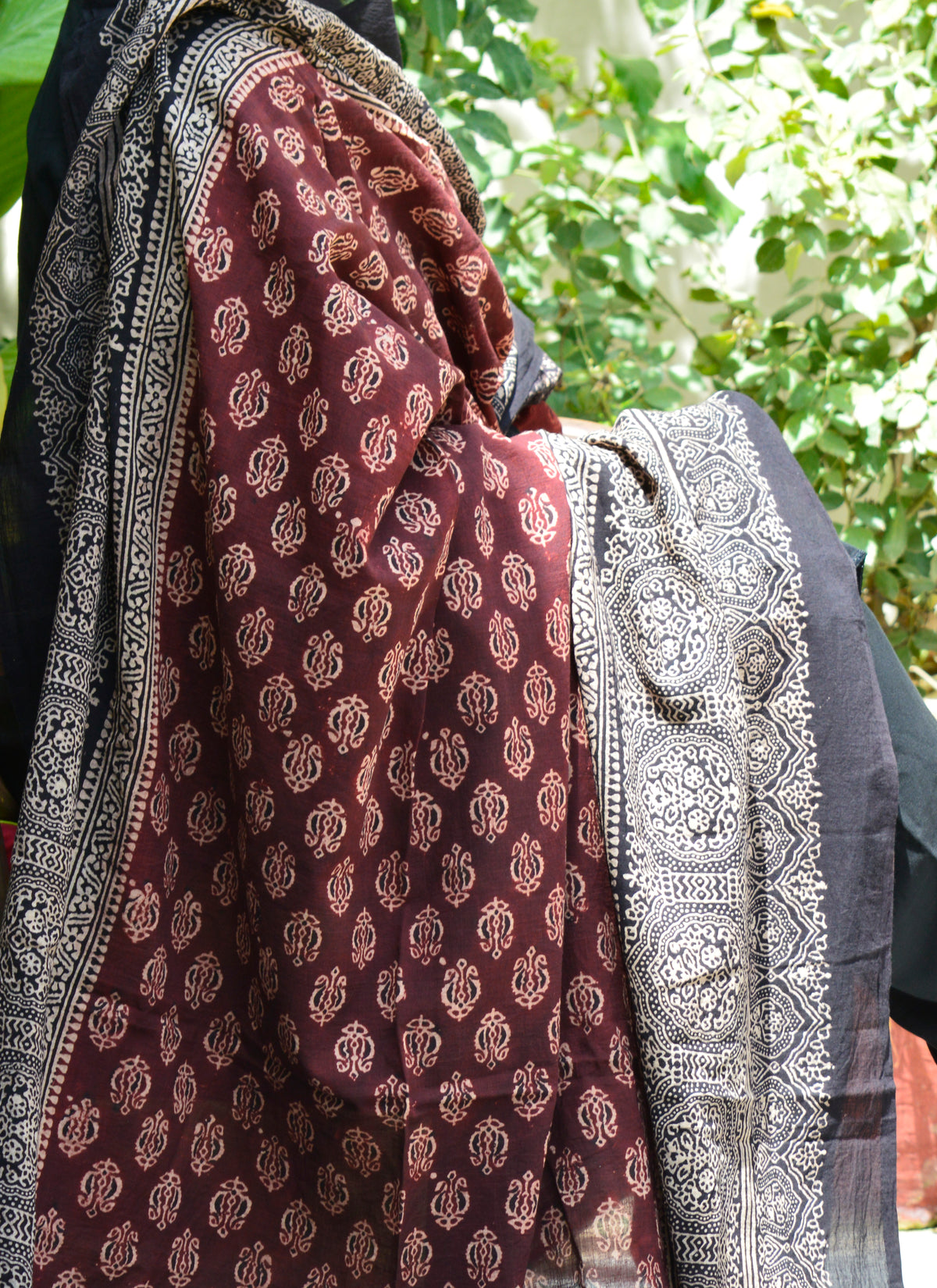 Organic dye floral Ajrak dupatta – maroon and black lawn wrap