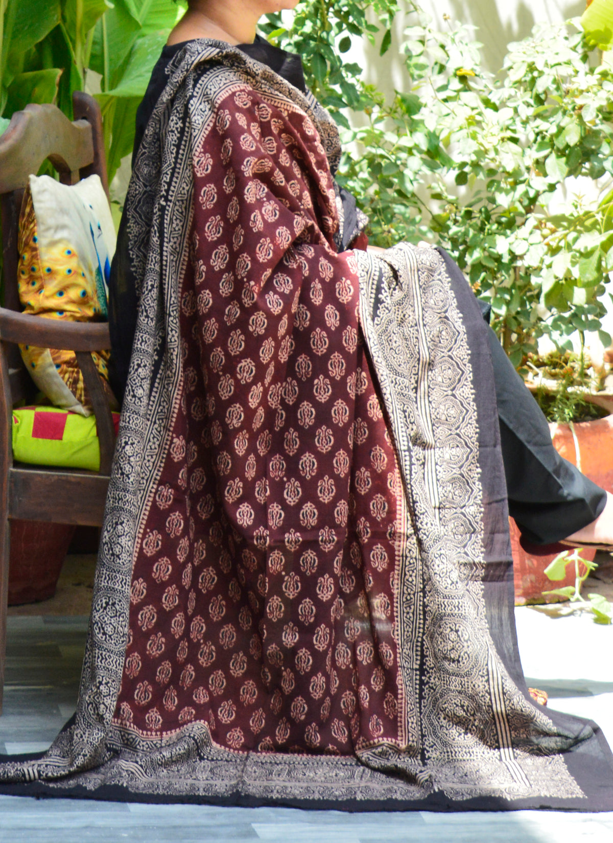 Two-tone Ajrak floral odhni – maroon and black hand block printed lawn shawl
