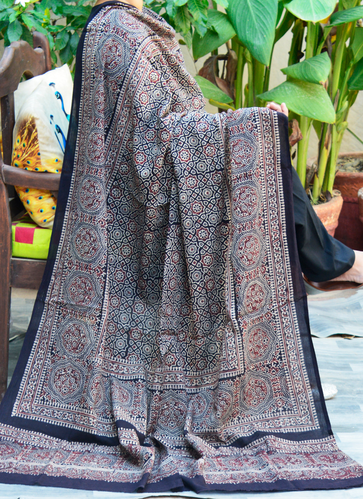 Hand Block Printed Ajrak Chadar Moroccan Design in organic dyed cotton featuring traditional Sindhi geometric motifs.