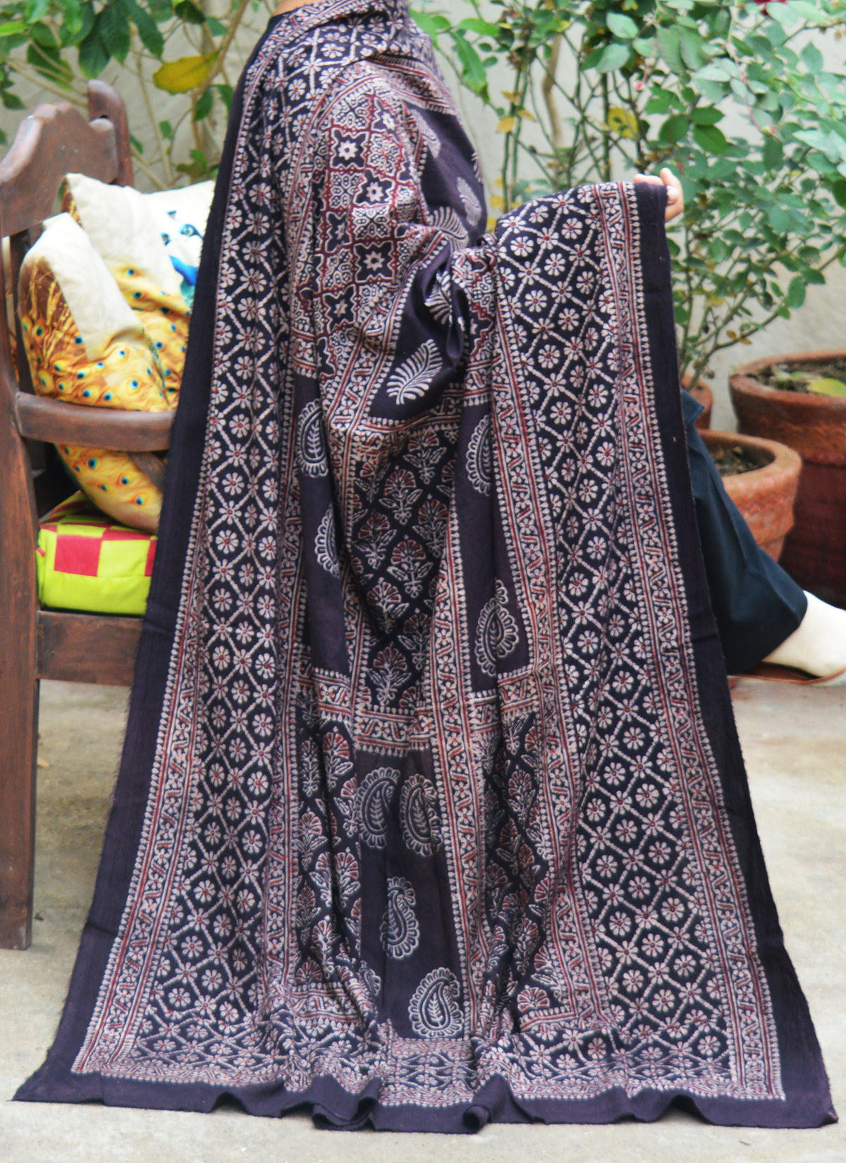 Handcrafted Ajrak chadar multi block design in black and maroon using natural dyes