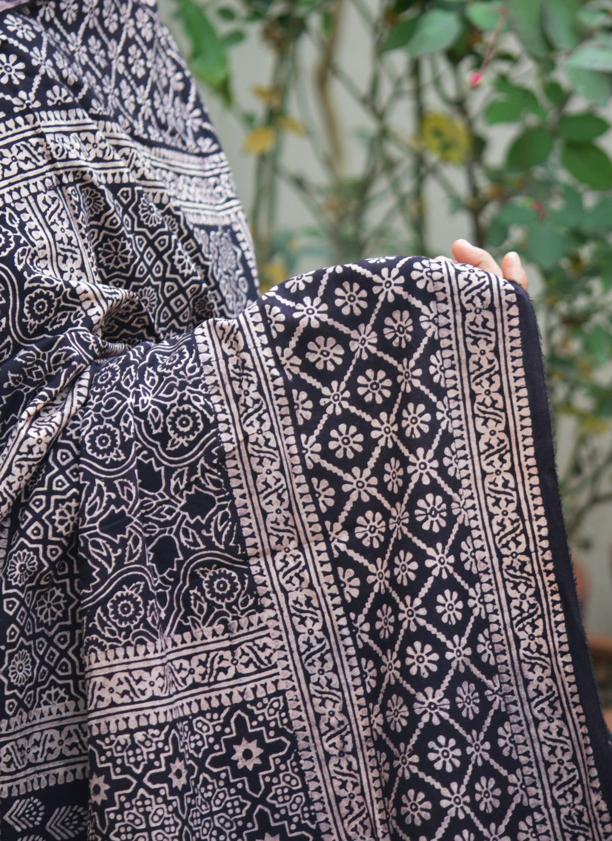 Organic dye hand block printed Ajrak chadar black in premium cotton fabric
