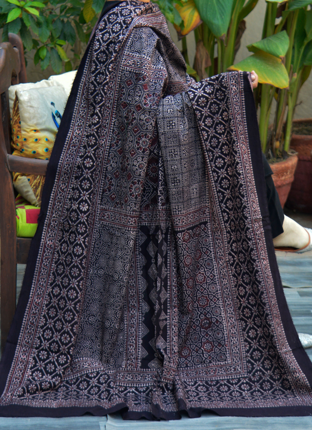 Traditional Ajrak Chaadar with Multi Block Print, Sitara Embellishments and Tassels – Organic Dye Sindhi Odhni