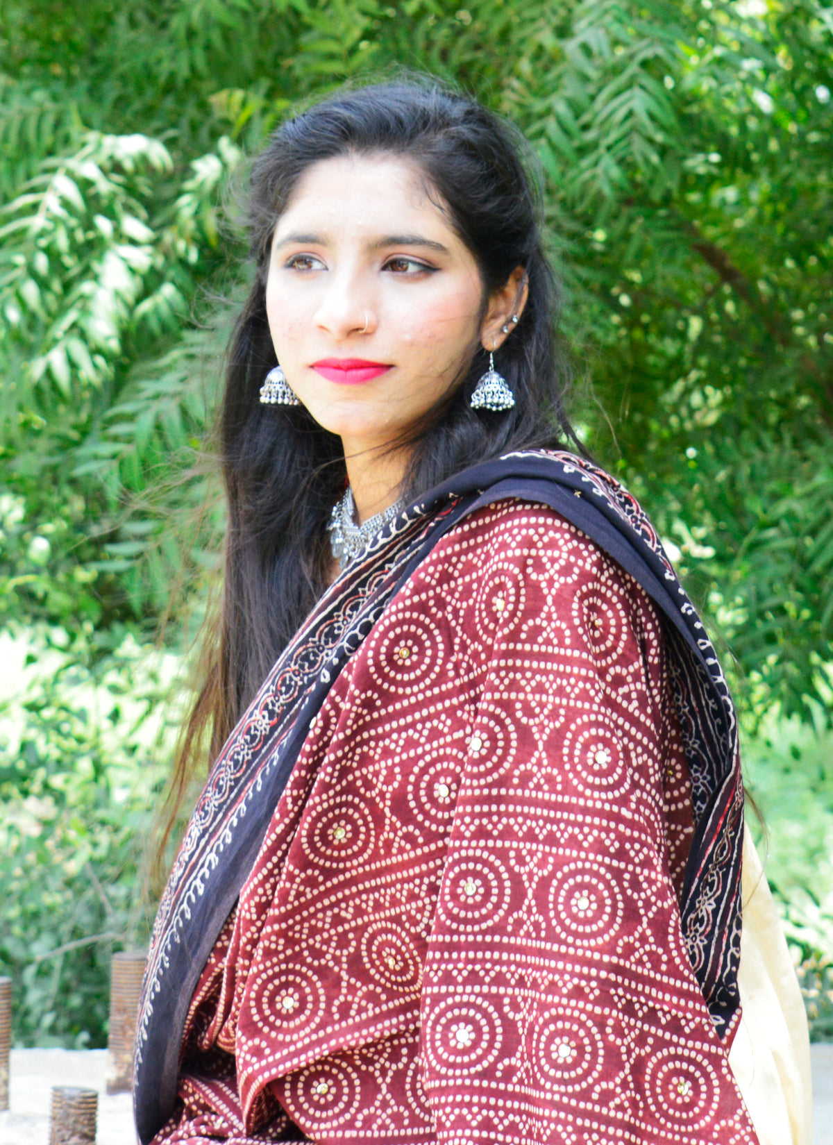 Eco-friendly traditional Ajrak shawl featuring Chunri-inspired patterns