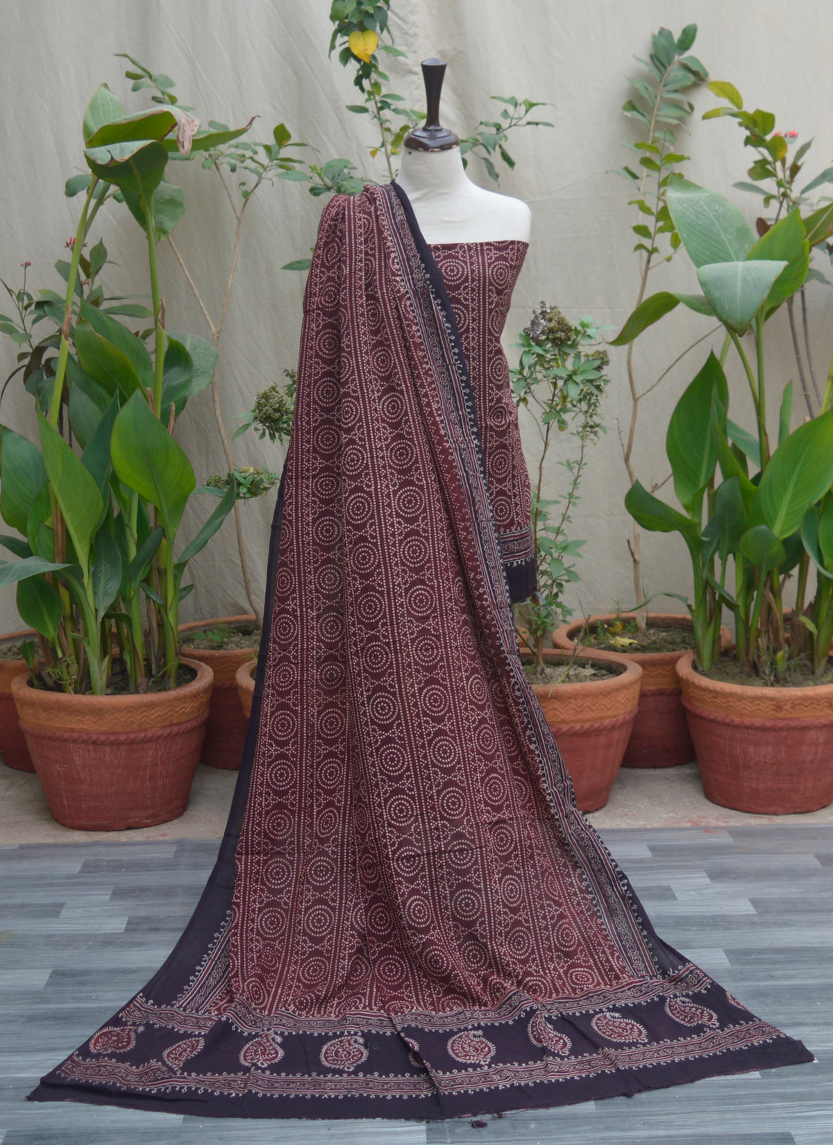 Organic Dye Ajrak Chunri Maroon Two‑Piece Lawn Set – Hand Block Printed Shirt & Dupatta on Soft Breathable Lawn