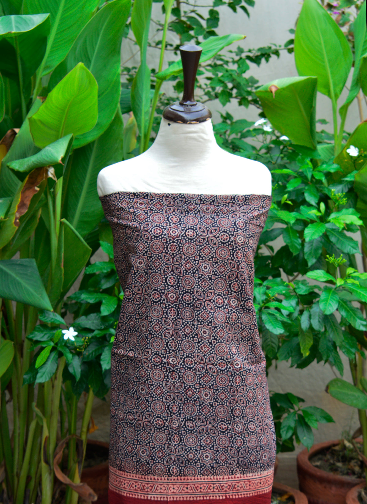 Traditional Ajrak Classical Dress – Unstitched Cotton Shirt and Dupatta set, sustainable hand block printed fabric for women.