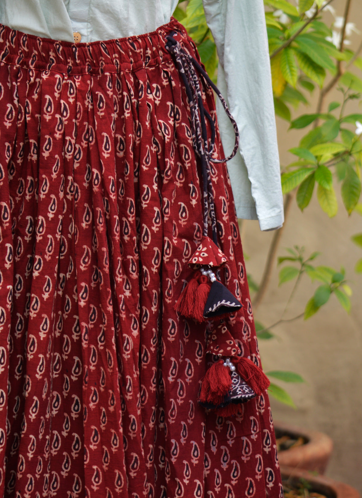 Crimson Kerry Ajrak boho skirt traditional hand block printed maxi skirt Pakistan