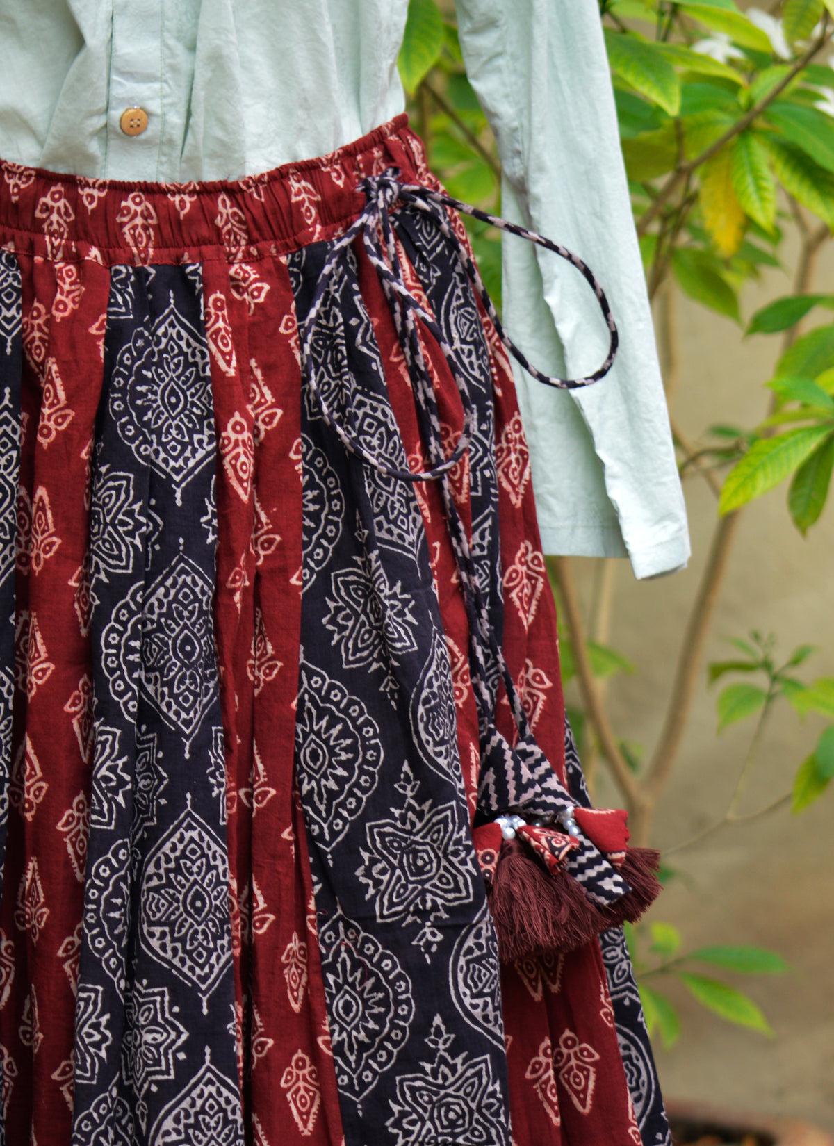 Premium Ajrak boho skirt maroon black hand block printed ethnic maxi skirt