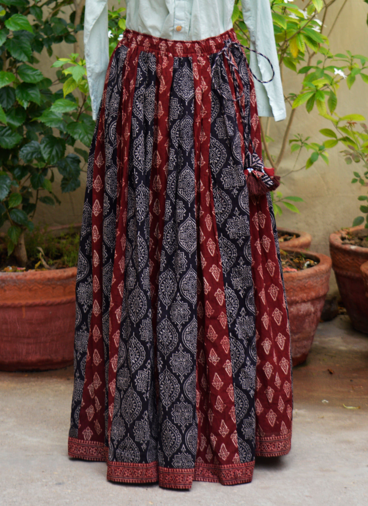 Ajrak hand block printed lawn maxi skirt with 5 meter flare crimson patchwork design