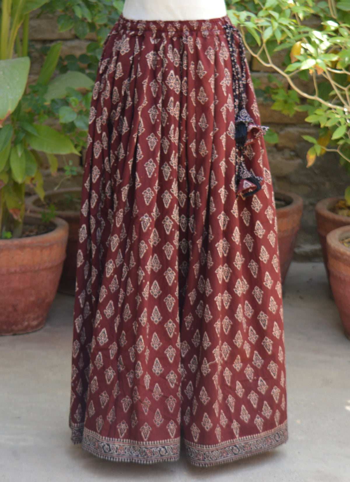Hand Block Printed Maroon Floral Ajrak Lawn Maxi Skirt with Back Elastic Waist