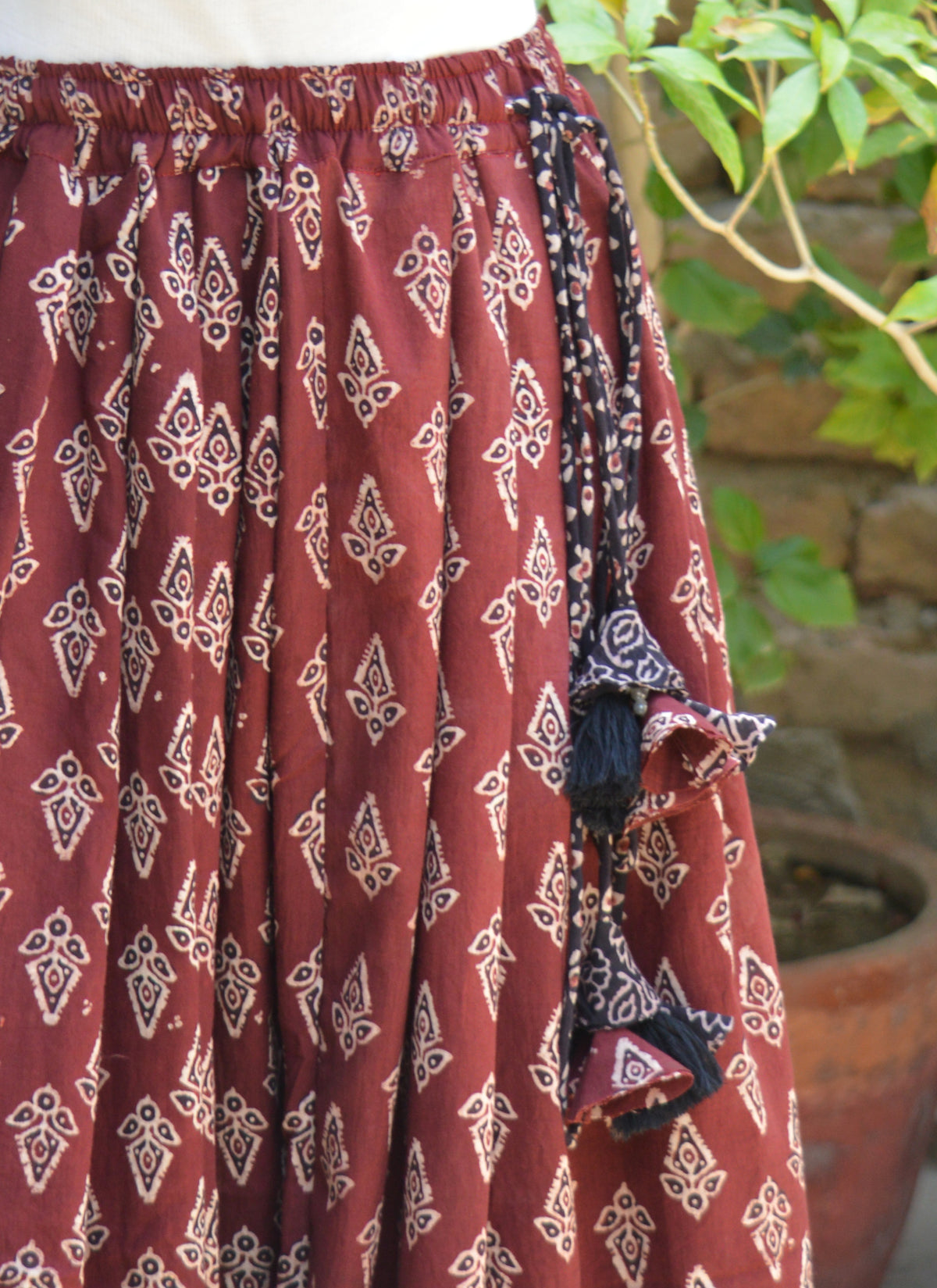 Maroon Floral Butti Boho Skirt with Handmade Thread Tassel Dori and Elastic Back