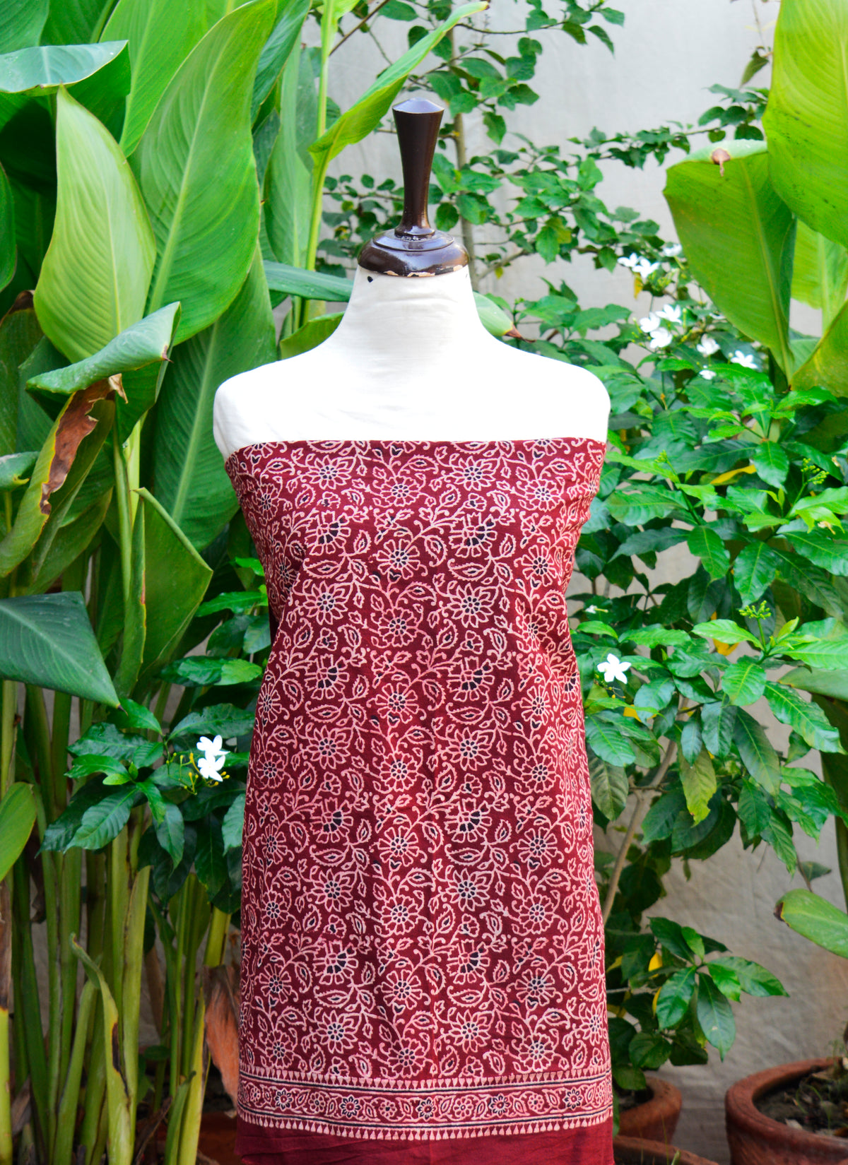 Red Floral Bel Ajrak Design Dress in Lawn Fabric Organic Dyed Hand Block Printed Two Piece Suit
