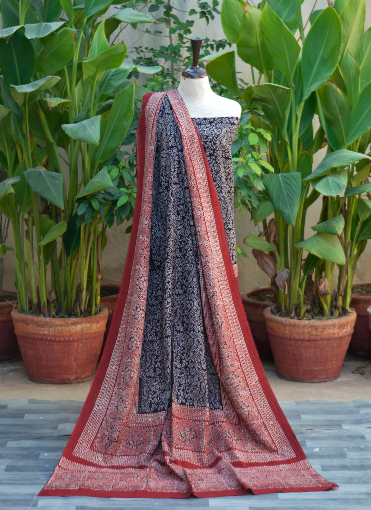 Ajrak Anbi Contrast red and black two-piece suit with organic dye hand block printing – geometric and floral Ajrak Design Dress