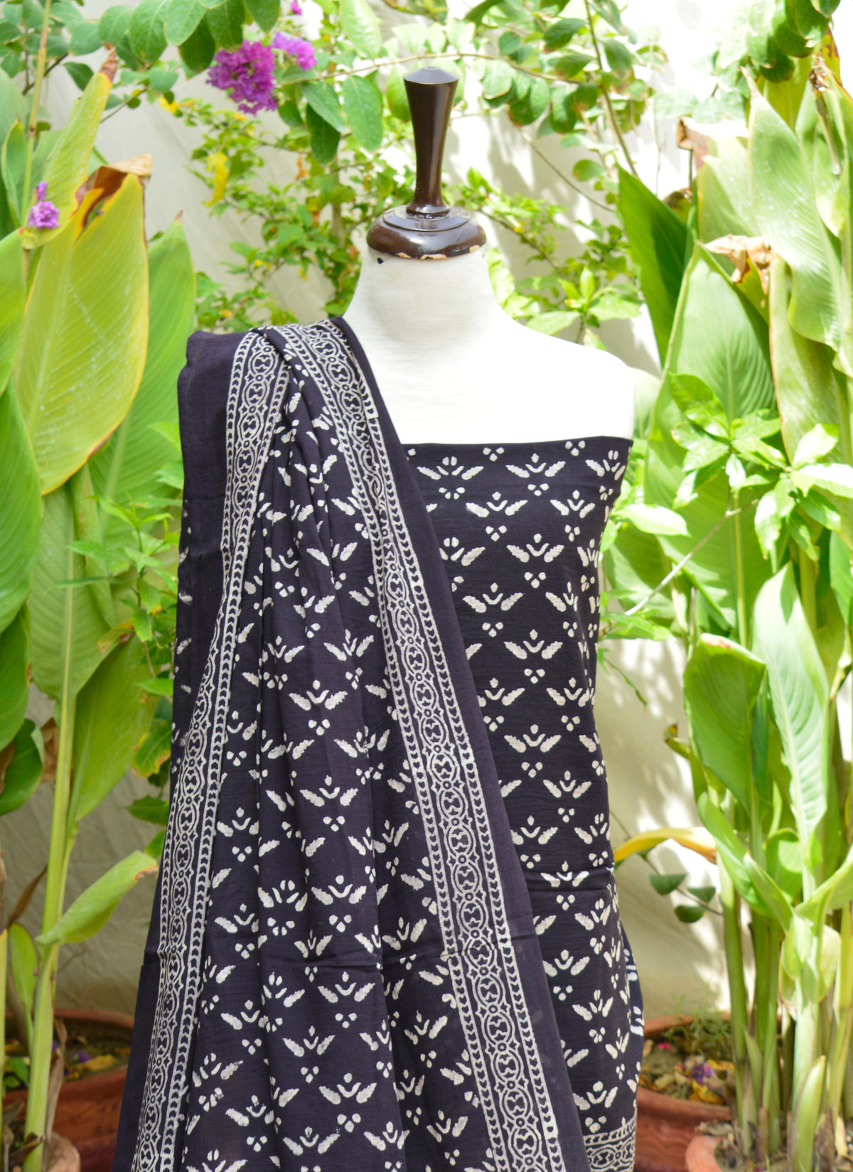 Hand Block Printed Ajrak Black Pankhrri Dress – Traditional Sindhi Shirt and Dupatta Set