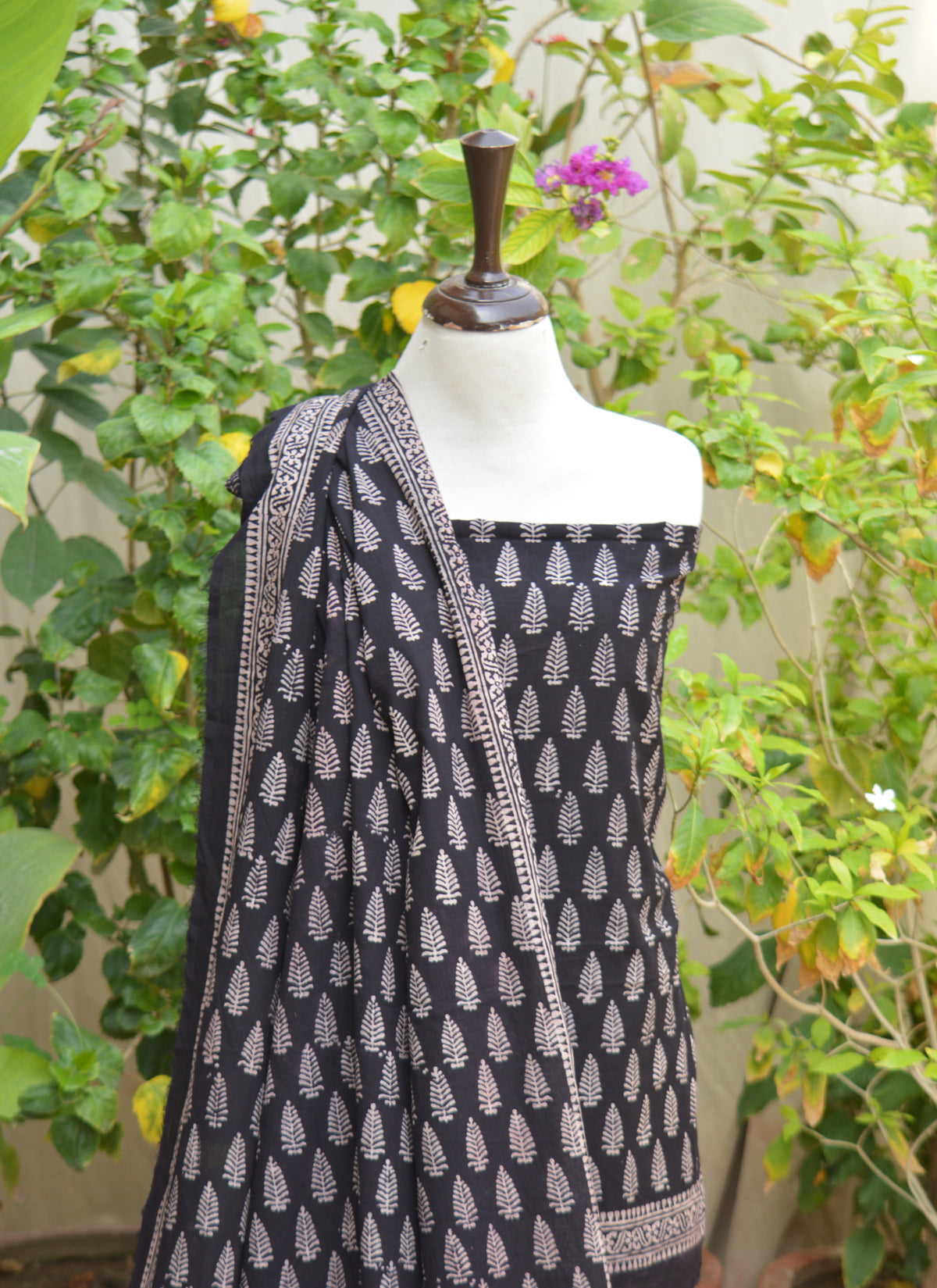 Premium lawn Ajrak Design Dress featuring traditional Black Mountain Butta motifs and organic dye hand block printing