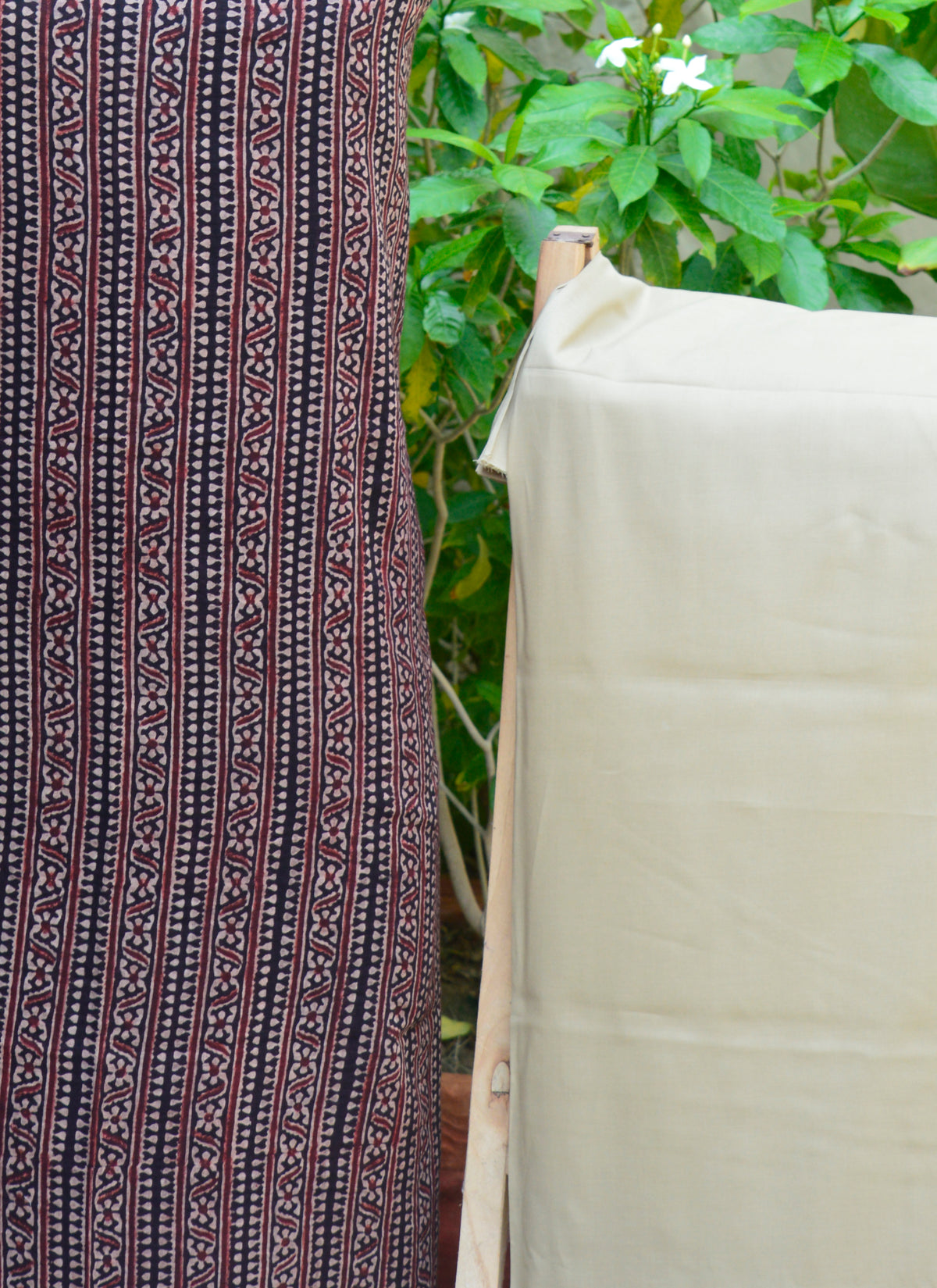 Sindhi Ajrak Design Dress – black striped kurta with organic dye, paired with calamansi color plain trouser, unstitched set