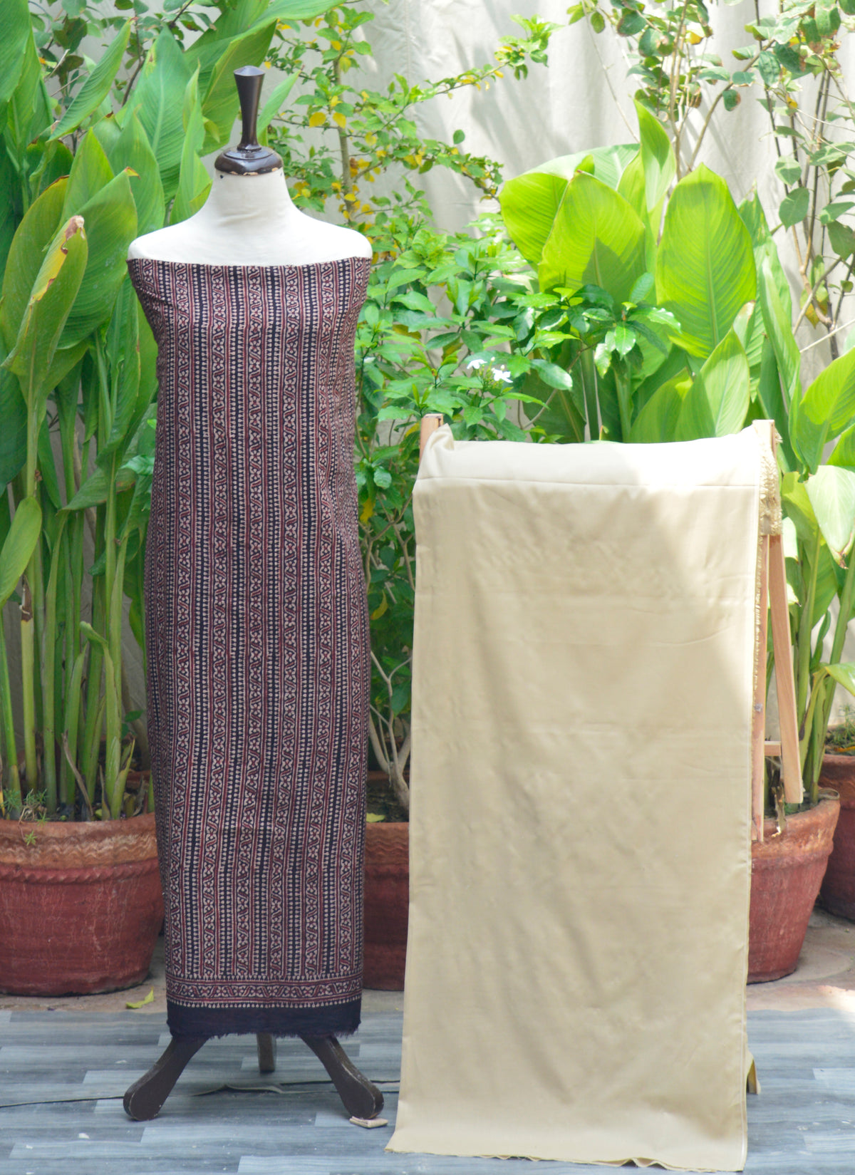 Organic Dye Hand Block Print Black Stripe Ajrak Design Dress with Calamansi Trouser - sustainable ethnic outfit, Sartiyoon Pakistan