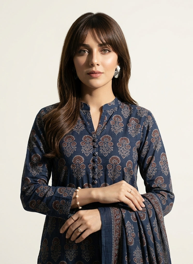 Organic dye hand block printed Ajrak dark blue floral butta lawn two-piece with unstitched shirt and dupatta
