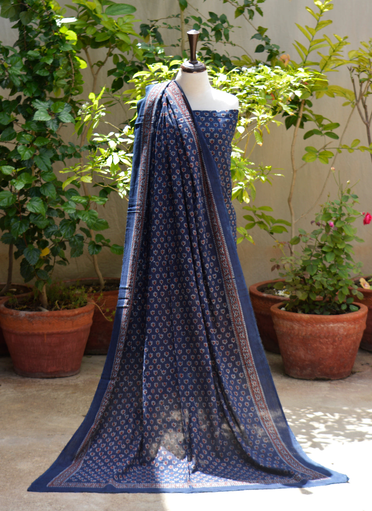 Ajrak Design Dress blue lotus hand block printed lawn two piece shirt dupatta