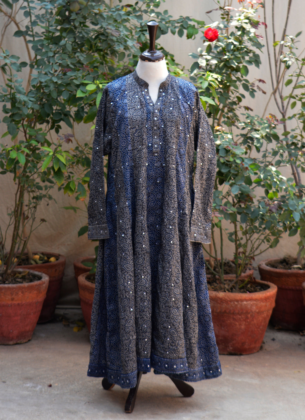 Ajrak Design Dress grey indigo boho maxi with hand block print