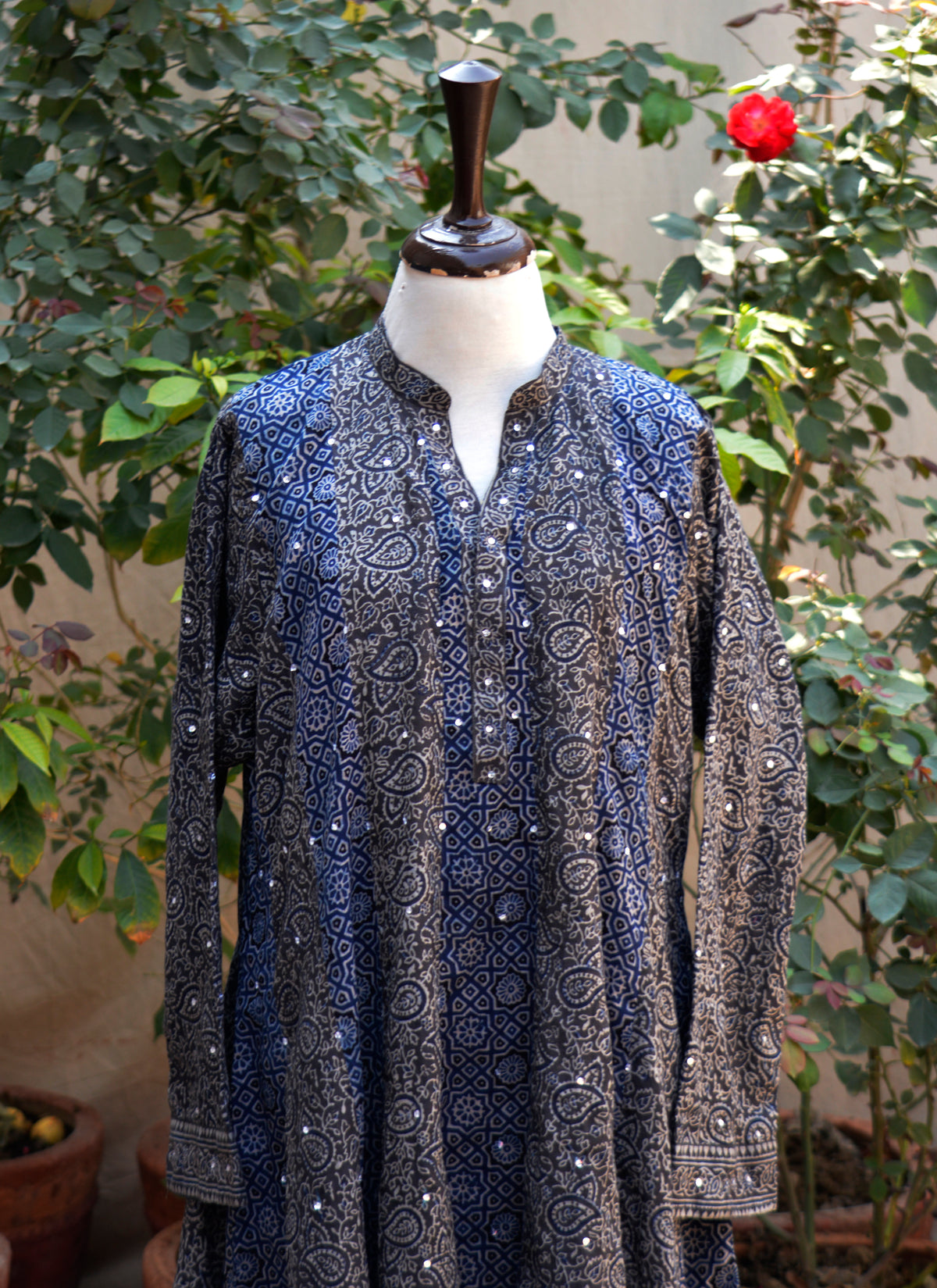 Organic dye hand block printed Ajrak maxi dress patchwork design