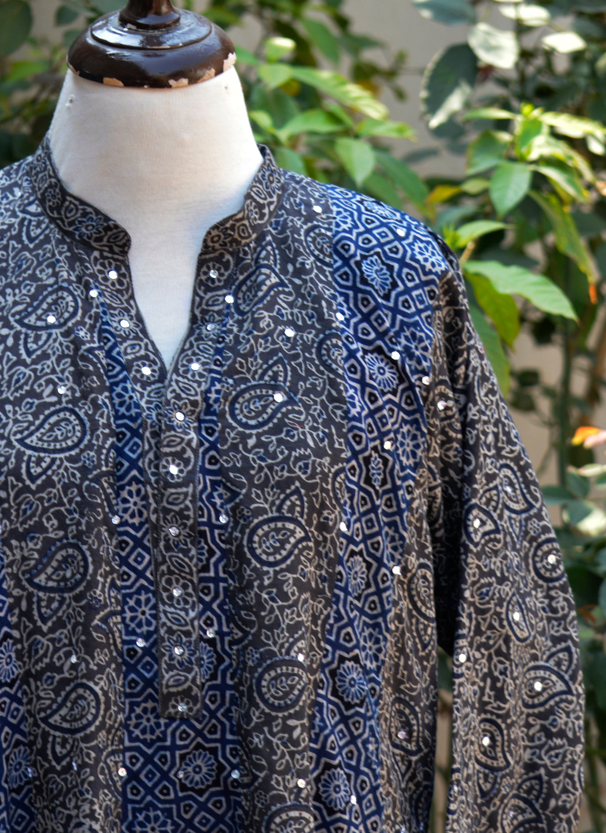 Luxury grey indigo Ajrak Design Dress Pakistan ready to wear