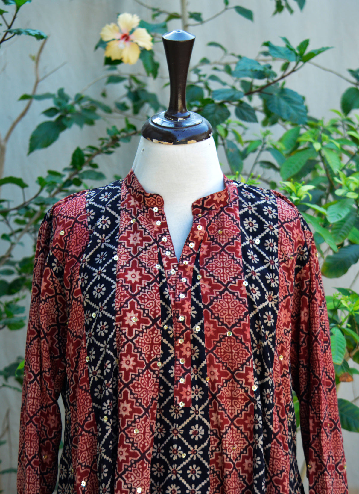 Organic dye hand block printed Ajrak patchwork maxi dress
