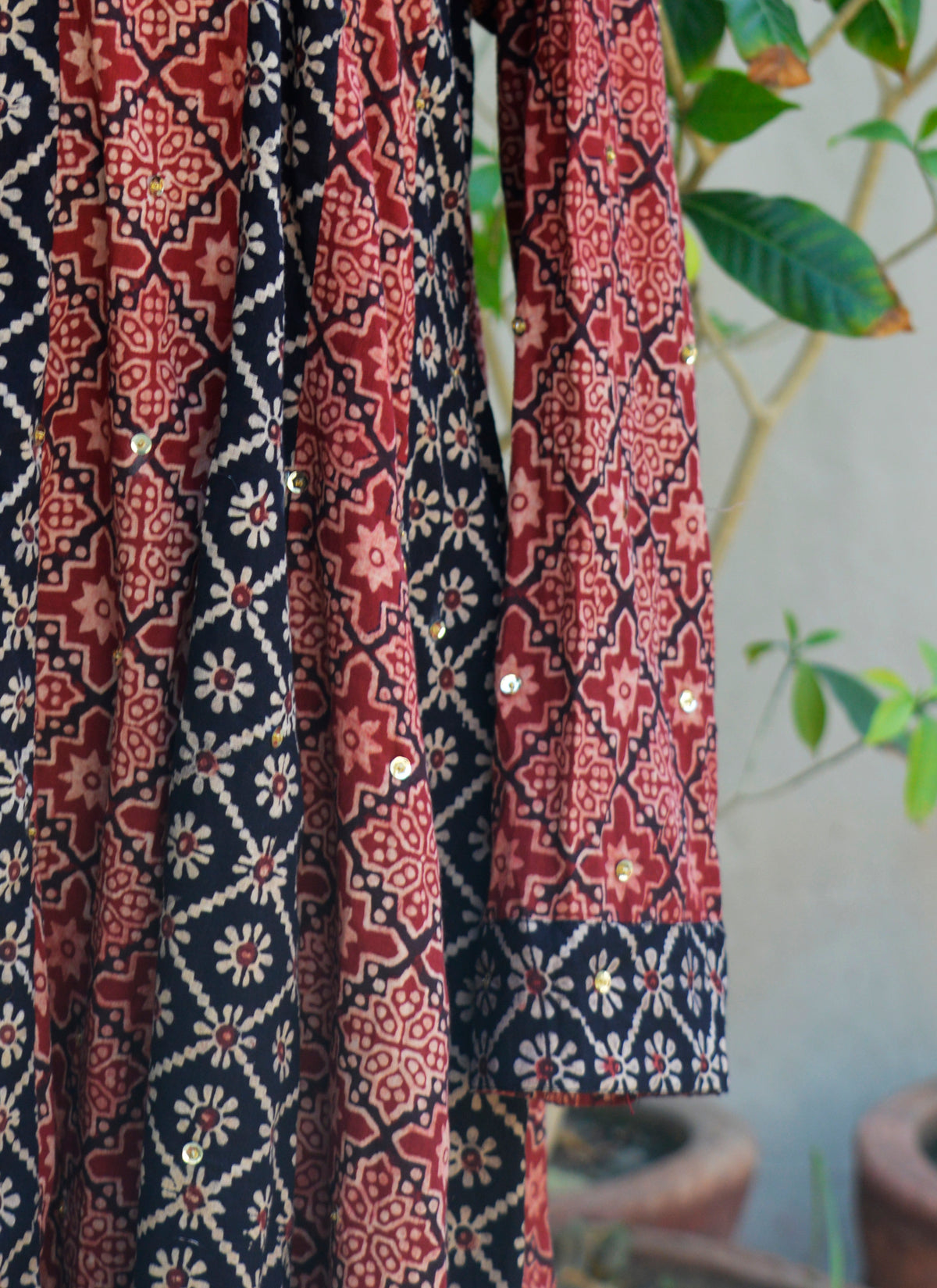 Premium lawn Ajrak maxi dress with patchwork panels