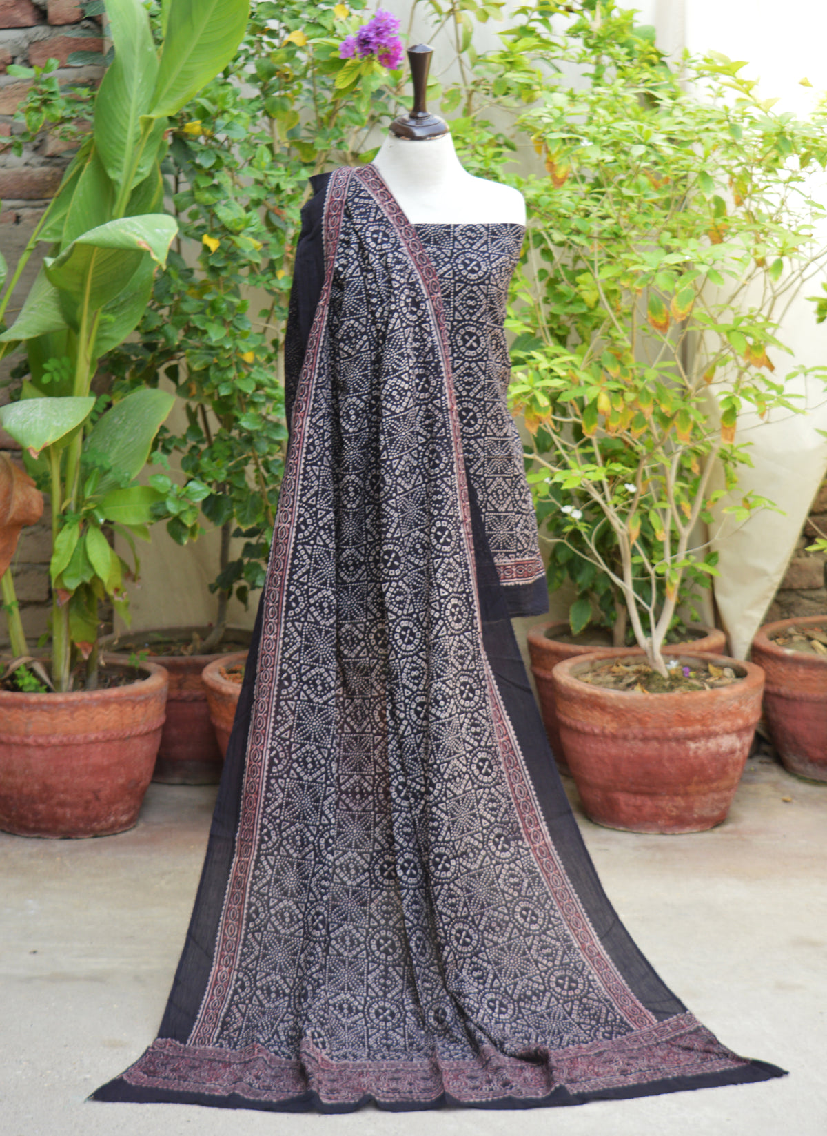 Women's unstitched black Ajrak lawn shirt and dupatta with elegant Chunri-inspired hand block print