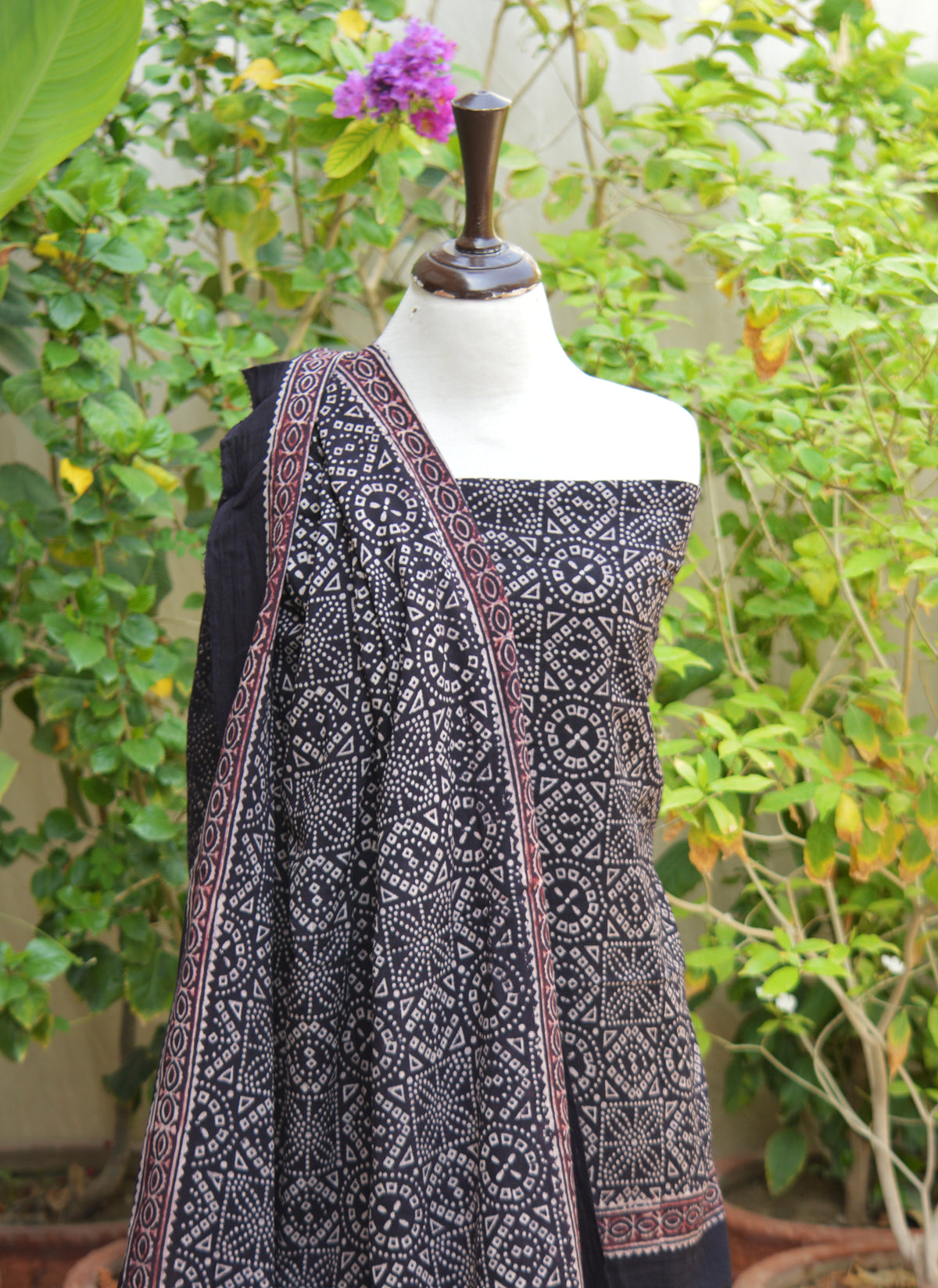 Black Chunri Ajrak Design Dress featuring traditional hand block printing on premium lawn fabric
