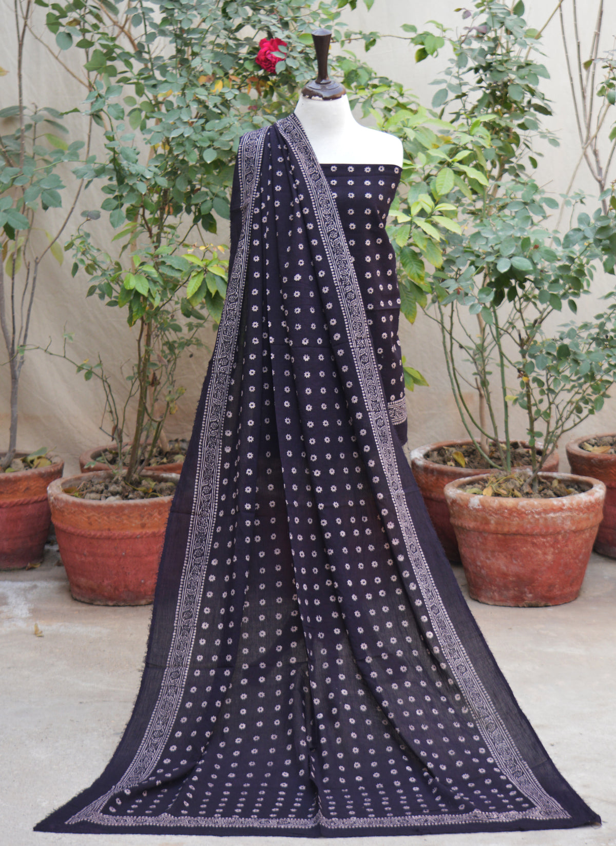 Ajrak Cosmic Diamonds Black shirt dupatta unstitched hand block print Pakistan