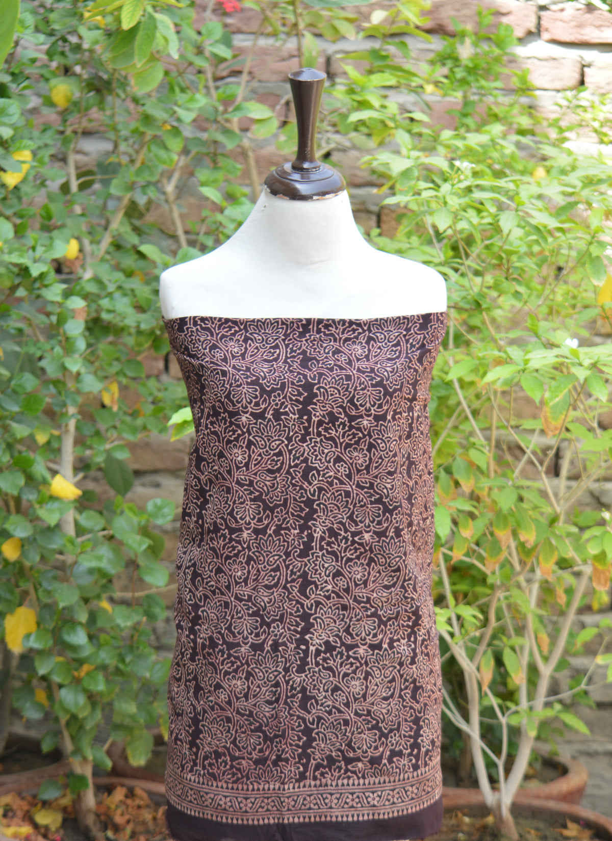 Unstitched dark maroon Ajrak lawn shirt and matching dupatta featuring organic dye floral bel motifs