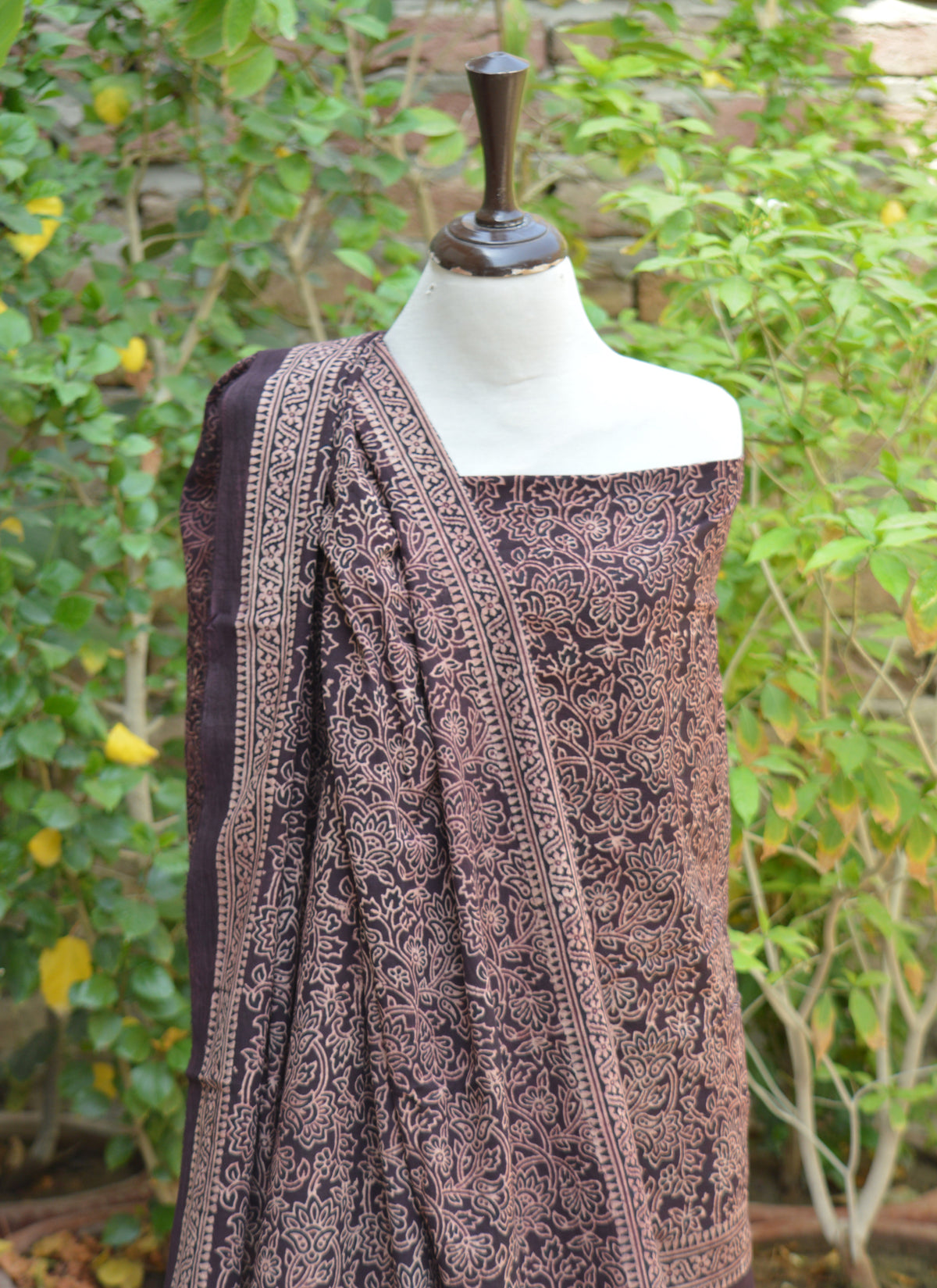 Dark maroon Ajrak Design Dress with traditional floral bel hand block print on premium lawn fabric