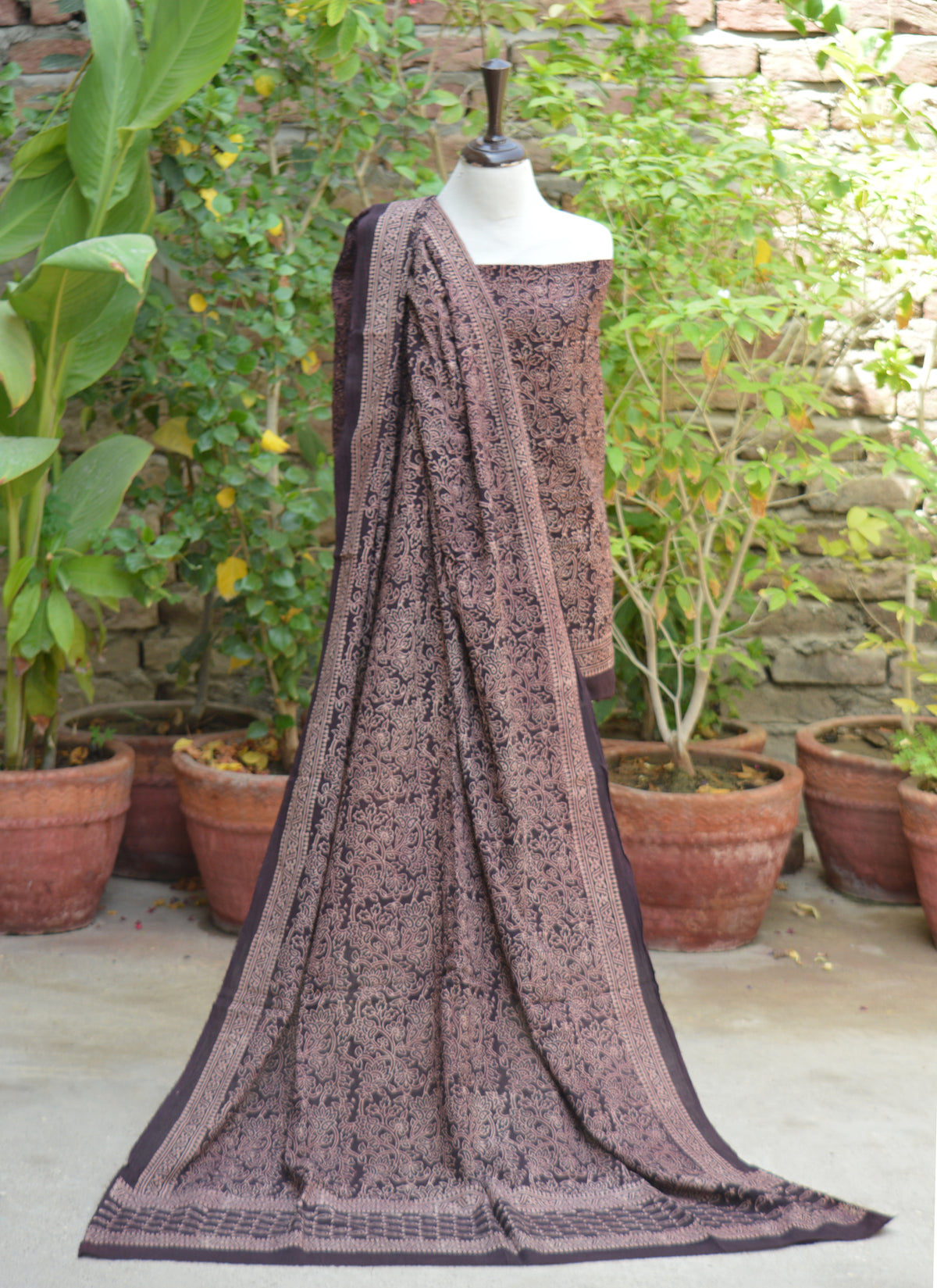 Traditional Sindhi Ajrak Floral Bel two-piece dress in breathable lawn with artisan hand block printing