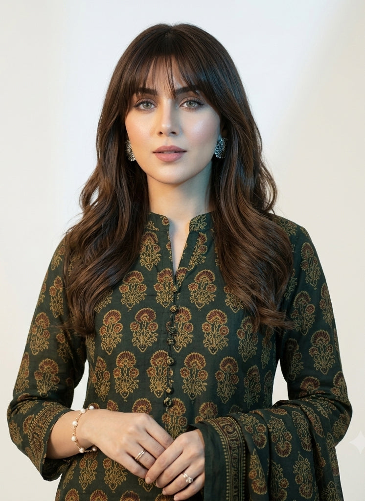 Organic Dye Hand Block Printed Ajrak Green Floral Butta unstitched lawn two-piece with maroon filling, shirt and matching dupatta