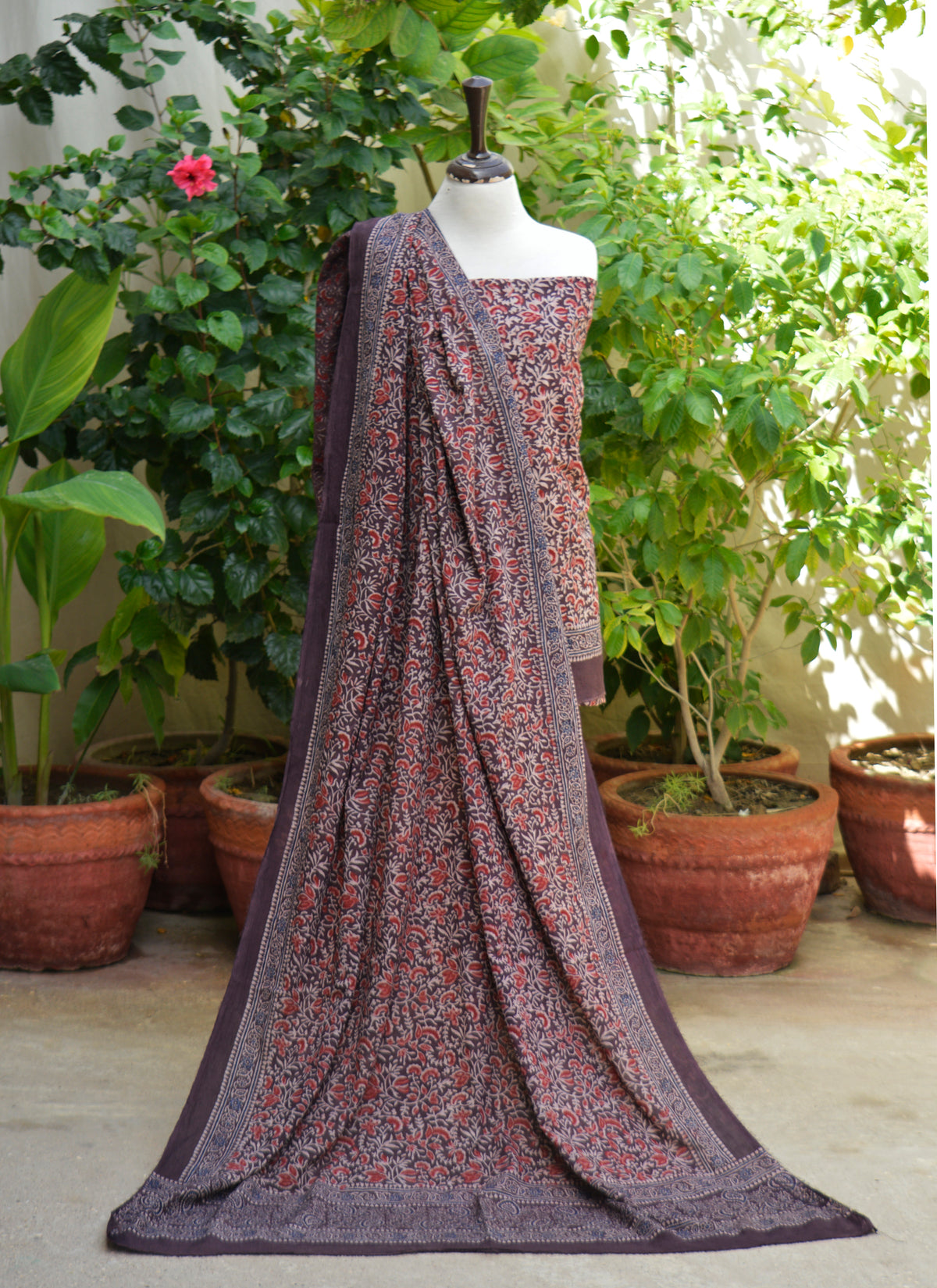 Handmade Ajrak inspired purple lawn dress fabric with floral bel motifs