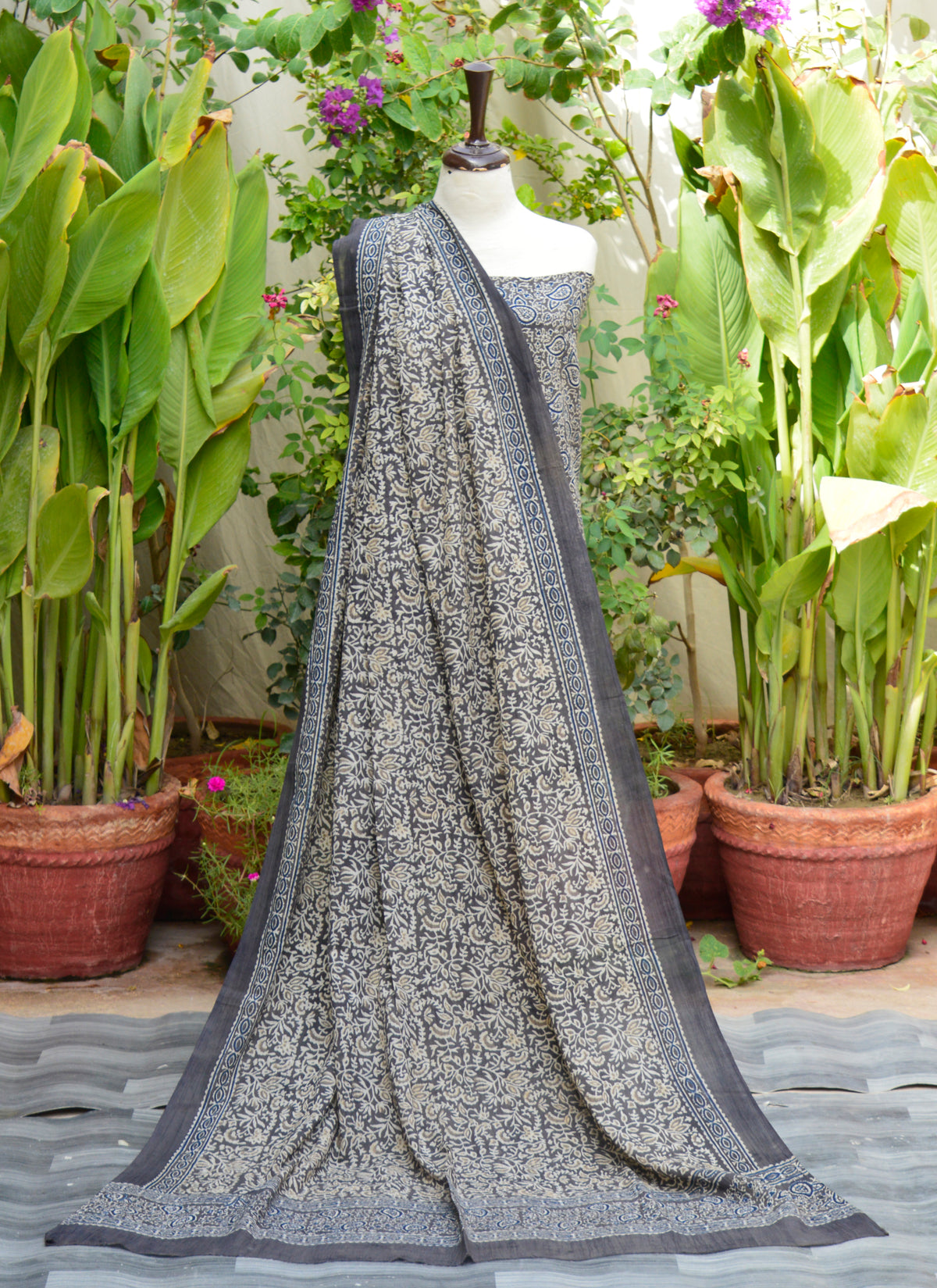 Organic Dye Hand Block Printed Ajrak Grey Floral Jaal Lawn Two-Piece featuring Indigo and Zink tones