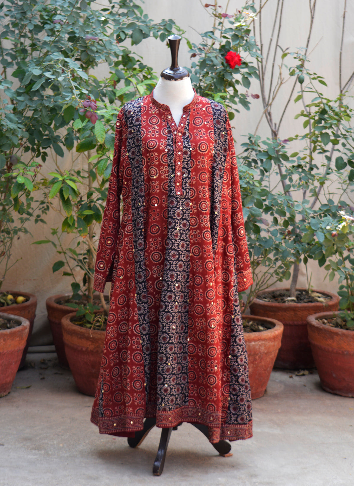 Red black boho patchwork Ajrak maxi organic dye hand block printed lawn dress Pakistan