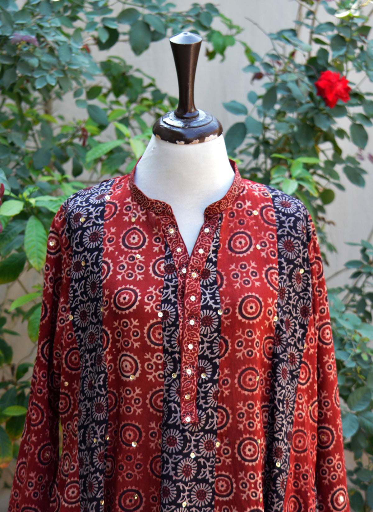 Luxury Ajrak maxi red and black patchwork bohemian stitched traditional outfit