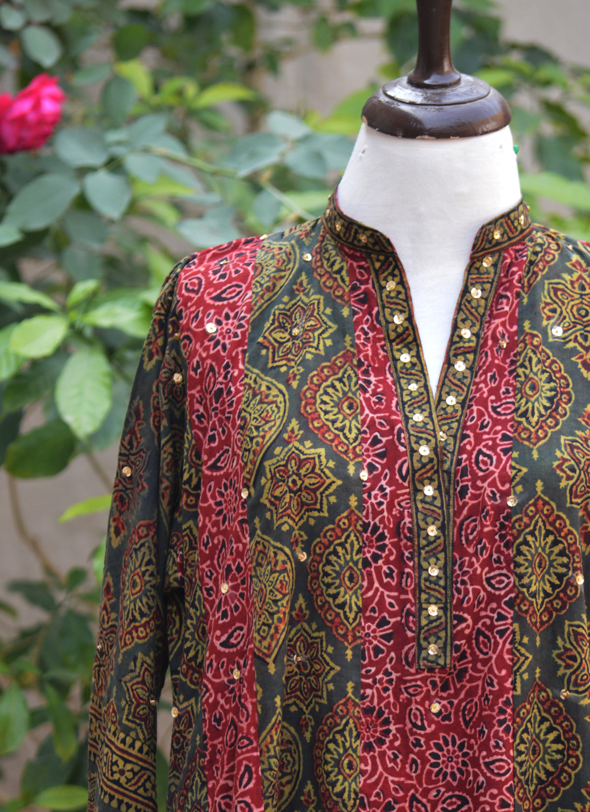 Traditional Ajrak design frock organic dye hand block print with sequin embellishment