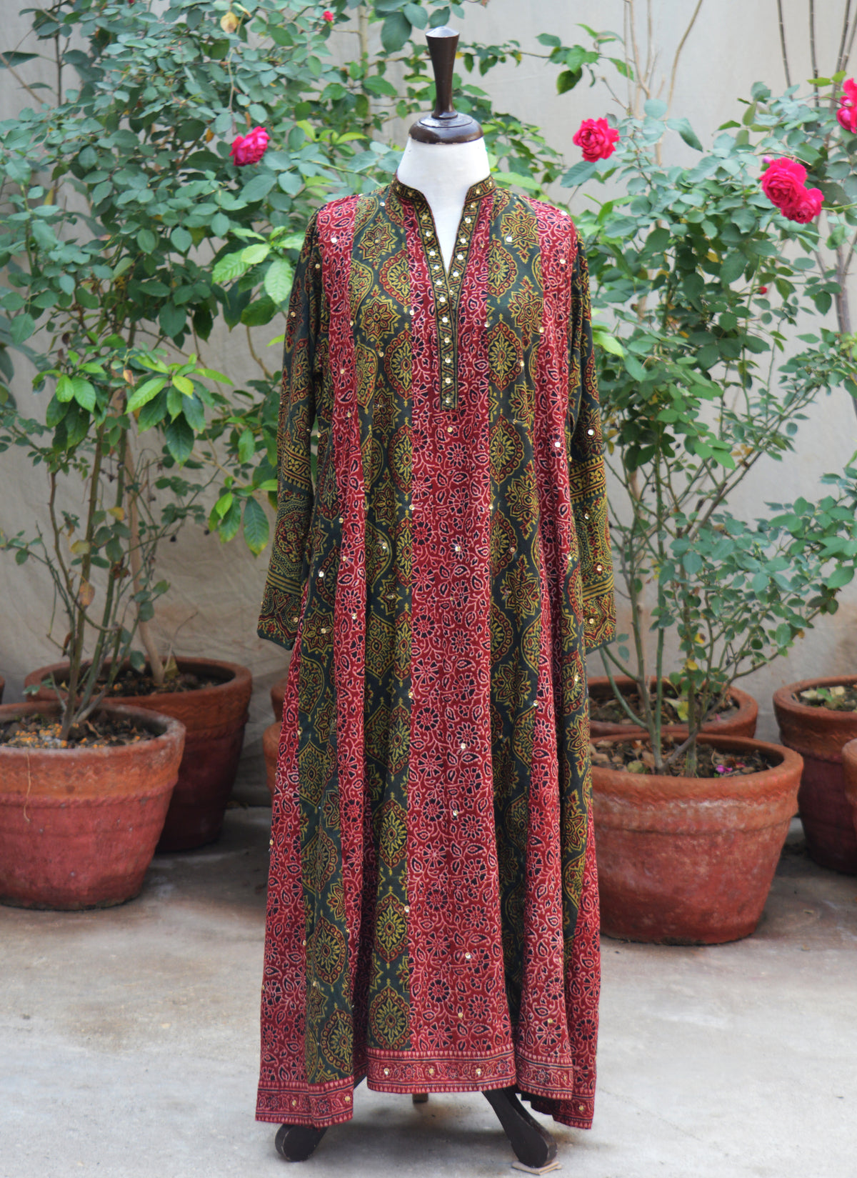 Organic dye hand block printed Ajrak bohemian cotton frock patchwork with sitara sequin work