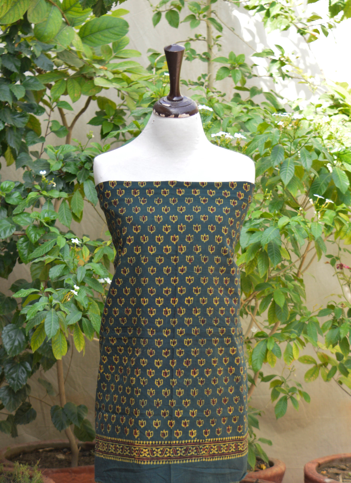 Traditional Sindhi Ajrak lawn two-piece with lotus floral hand block print motifs