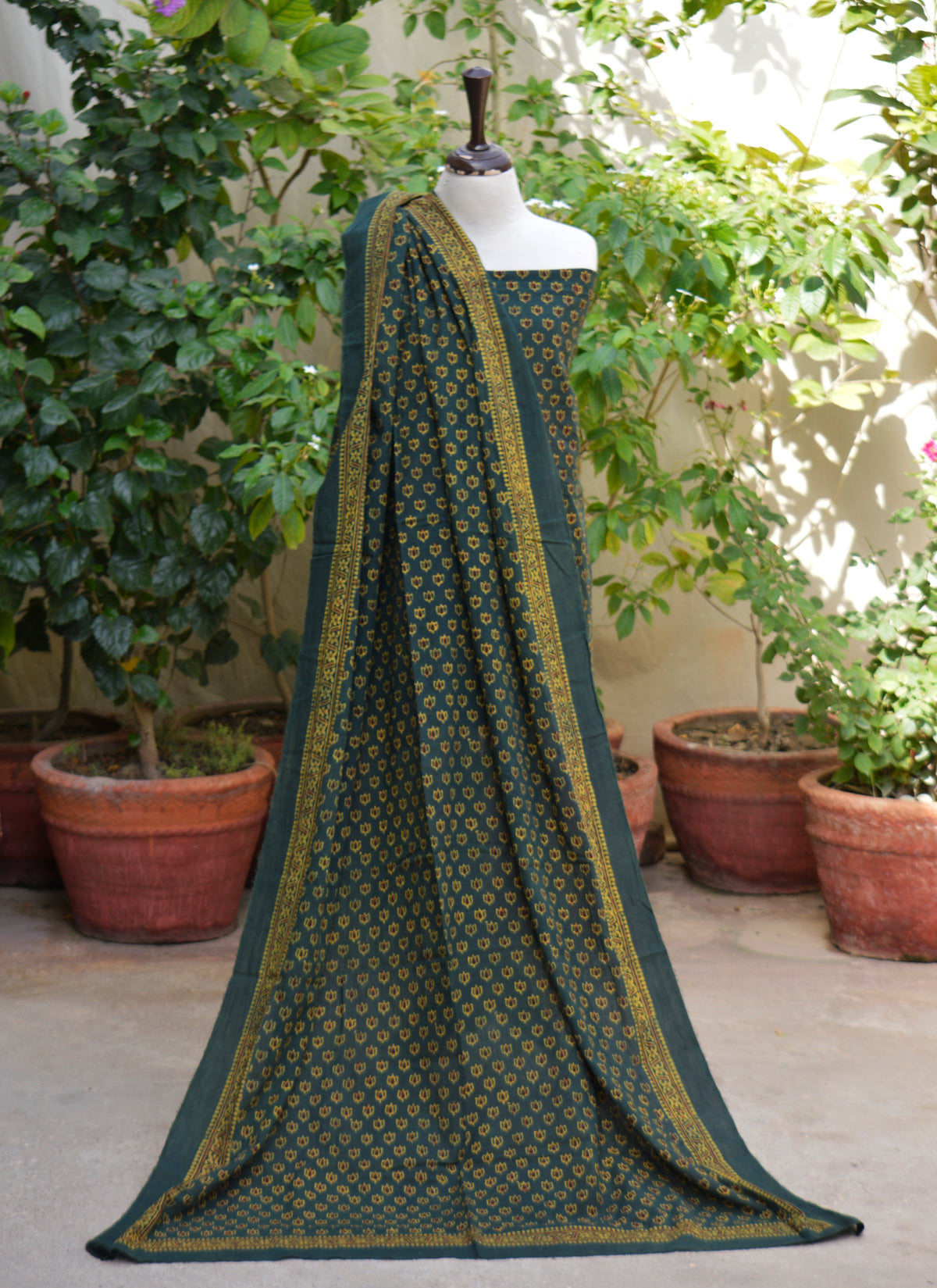 Green and maroon Ajrak unstitched shirt and dupatta with tiny lotus flower pattern