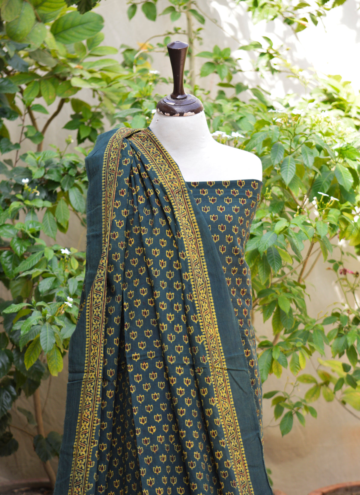 Organic dyed hand block printed green Ajrak Design Dress with maroon tiny lotus flowers