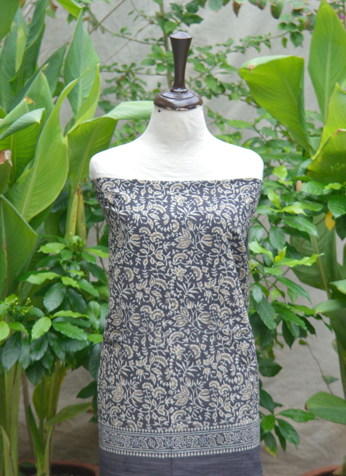Organic dye grey floral Ajrak Design Dress, sustainable unstitched cotton outfit for women.
