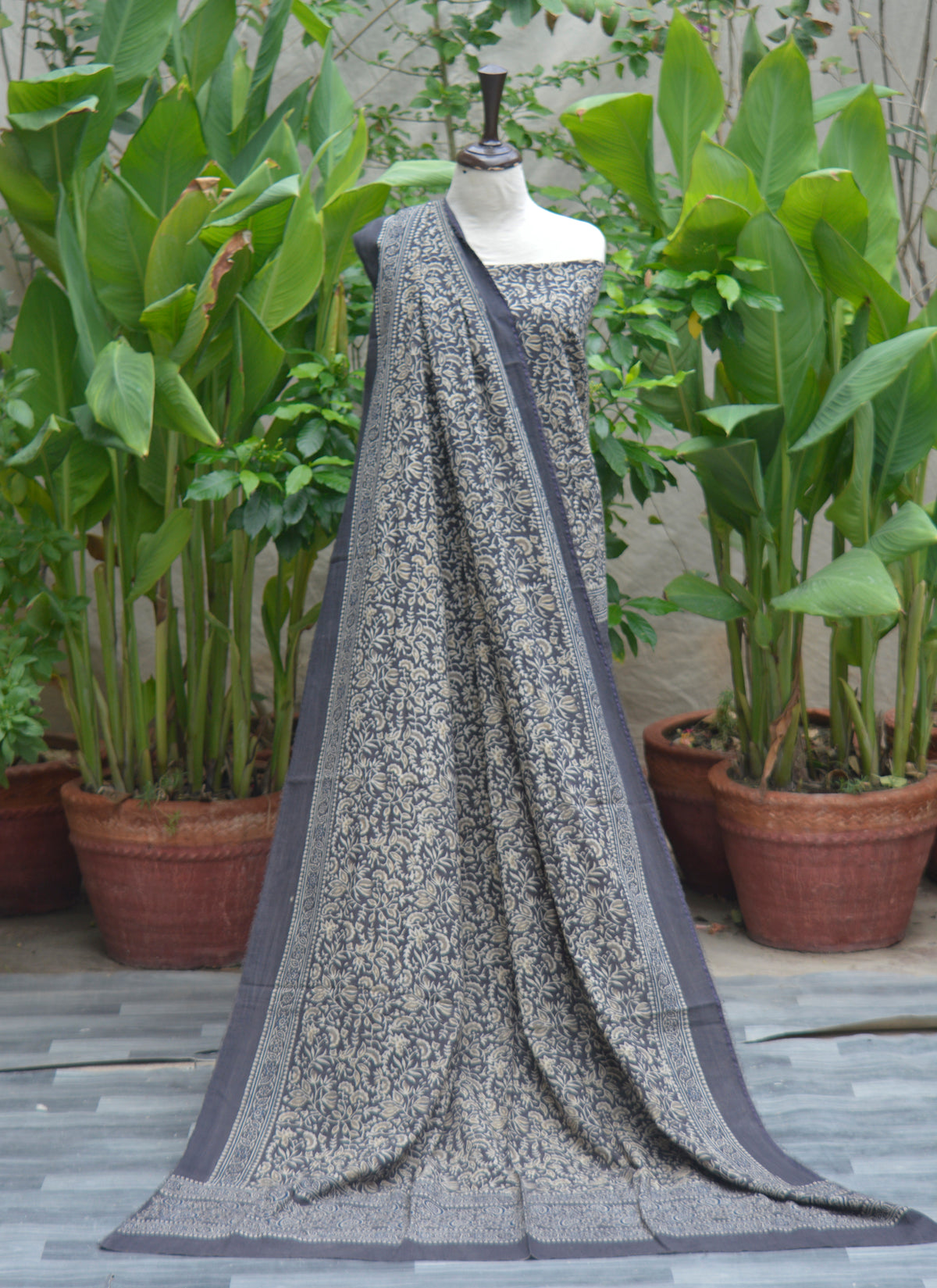 Ajrak Design Dress grey floral print, hand block printed with organic dyes on cotton fabric.