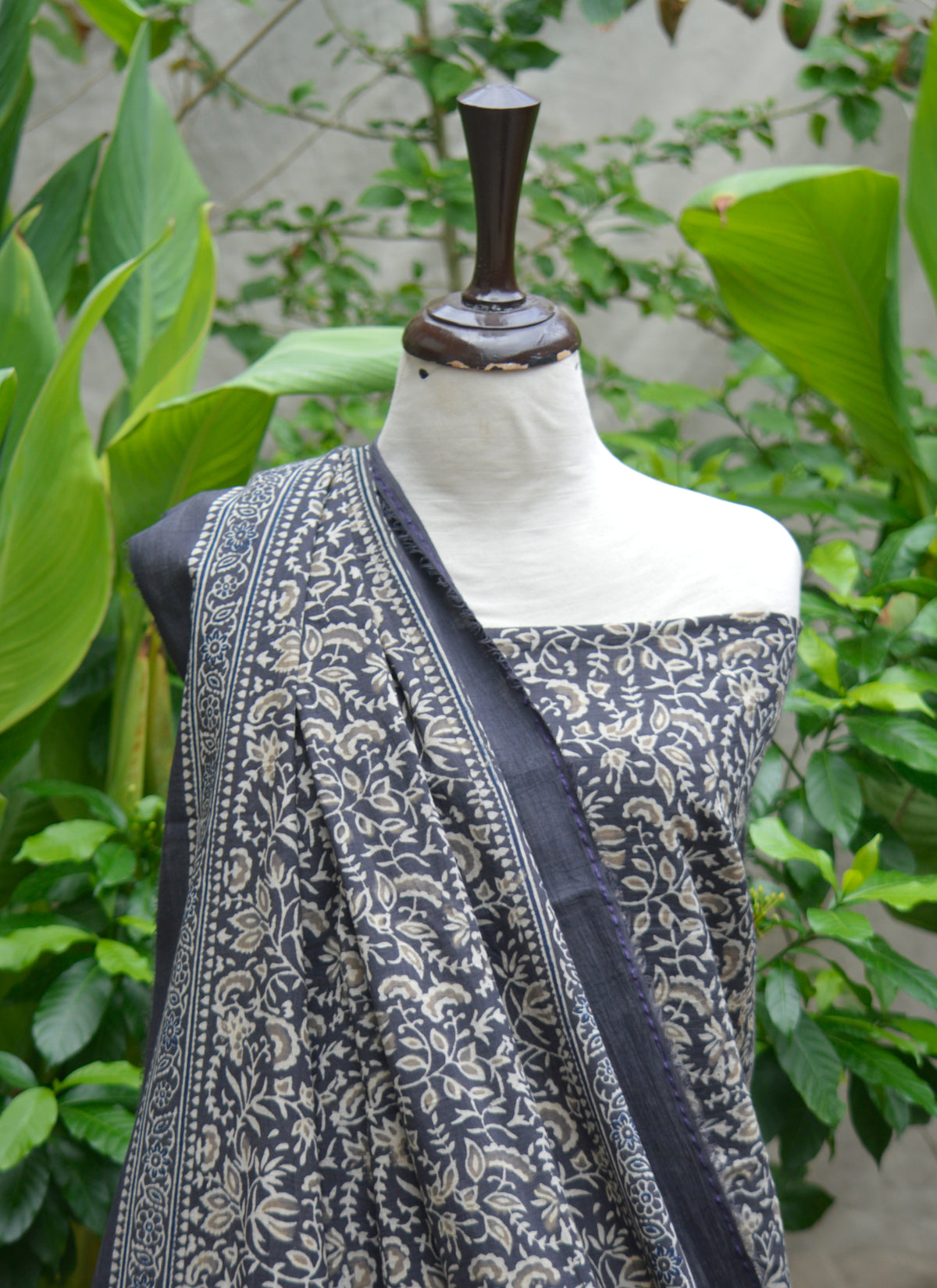 Traditional Sindhi Ajrak Design Dress in grey floral pattern, unstitched cotton set.