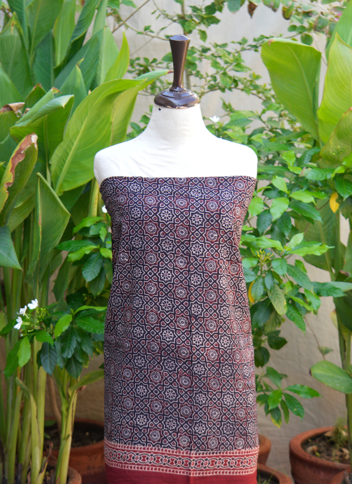 Sustainable Sindhi Ajrak two-piece dress with organic dyes, black contrast shirt and dupatta fabric set 2.5m by 44 inches.