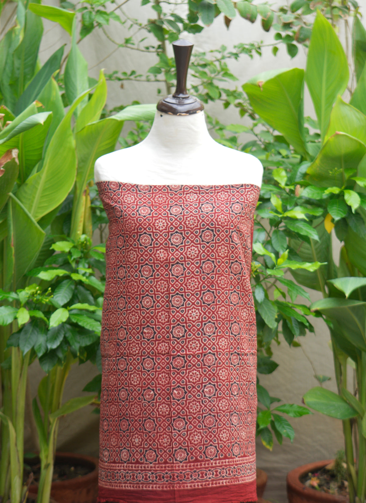 Traditional Sindhi block print Ajrak Design Dress in Moroccan Red color.