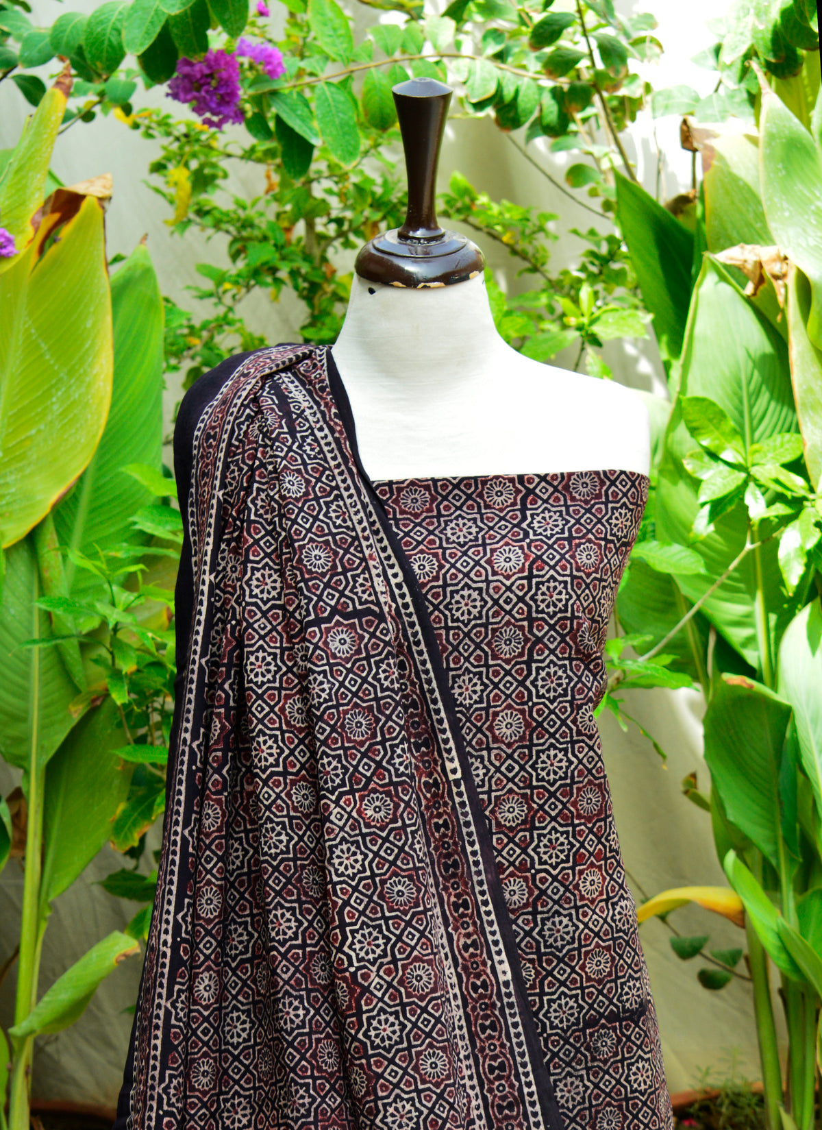 Premium Ajrak Moroccan hand block printed two-piece unstitched shirt and dupatta