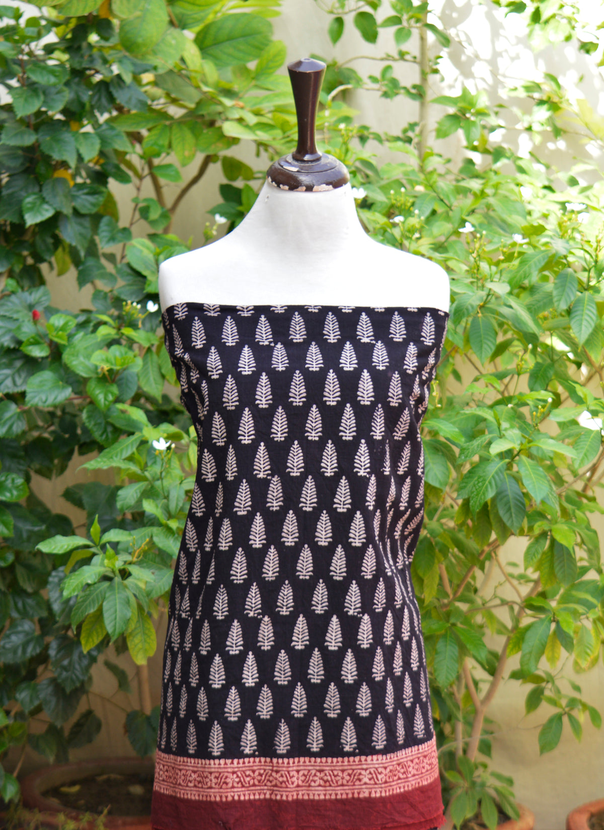 Traditional Sindhi Ajrak unstitched lawn two-piece with black contrast Mountain Butta design